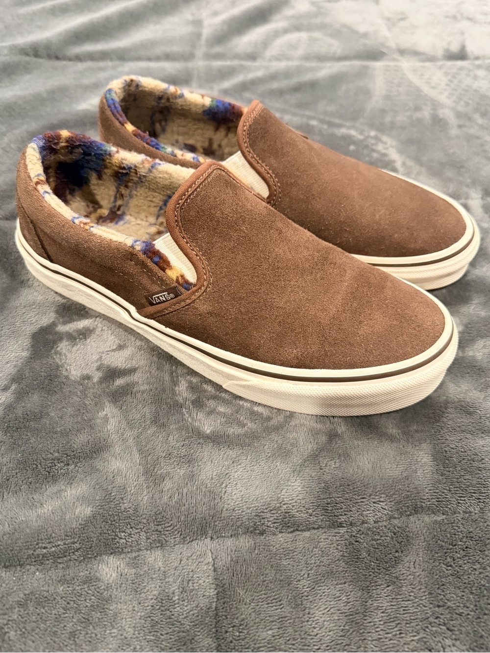 Vans Brown Suede Slip-On with Patterned Fleece Lining